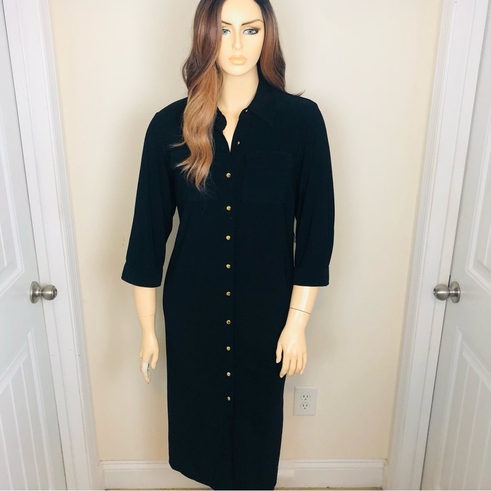 Soho Apparel Black Gold Buttons 3/4 Sleeve Chic Casual Midi Dress